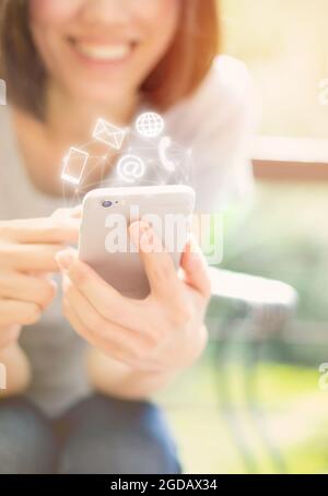 Woman hand using smart phone, Contact us connection concept Stock Photo