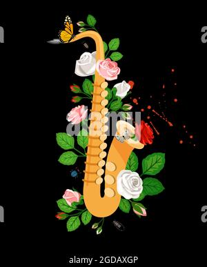 Music poster with Saxophone, roses, beetles and butterfly Stock Vector