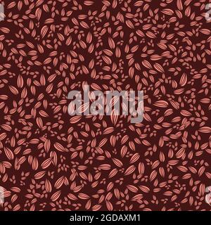 Abstract leaves of different sizes and coral color that are distributed on a burgundy background Stock Vector