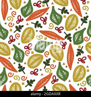 Cheerful pattern with abstract leaves and various decorative shapes in autumn colors on a transparent background Stock Vector