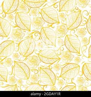 Pattern with contours of leaves and filigree roses in a gold gradient on a transparent background Stock Vector