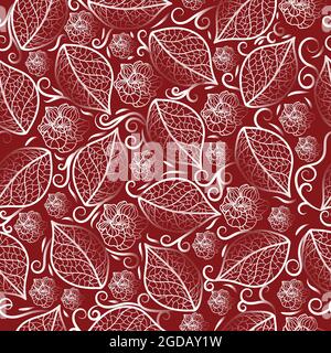 Pattern with contours of leaves and filigree roses in a white gradient on a burgundy background Stock Vector