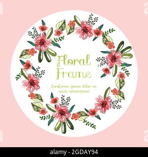 Floral frame with red flowers of different sizes and leaves of different types and sizes drawn in watercolor Stock Vector