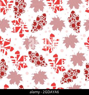 Pattern with geometric shapes inside some leaves and with pink dots around them on transparent background Stock Vector