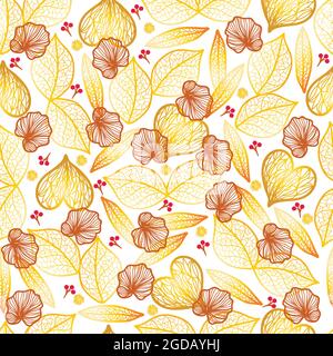 Gold-colored filigree leaves, brown autumn leaves and small red fruits on a transparent background Stock Vector