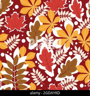 Autumn colored leaves on a burgundy color background. Stock Vector