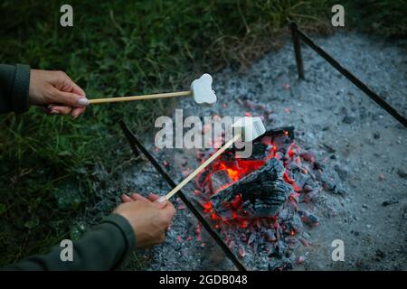 Marshmallows are fried on skewers over a fire. Fried marshmallows with an open flame on a skewer. Campfire romance, summer evening Stock Photo