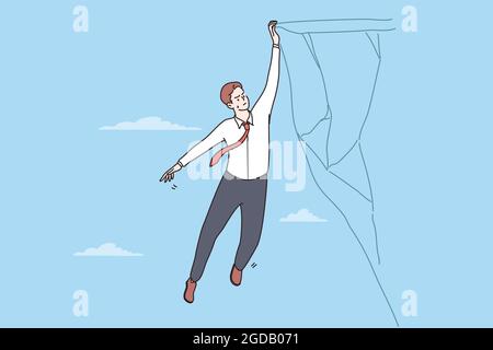 Business risk and crisis concept. Young businessman in tie hanging dangerously on edge of cliff holding by one hand feeling unconfident vector illustration  Stock Vector