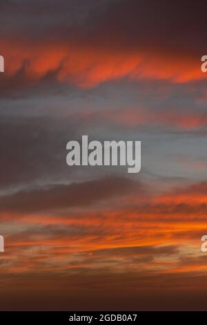Sunrise sky with red color fire on a cloudy winter day. Stock Photo