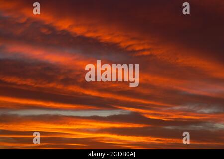 Sunrise sky with red color fire on a cloudy winter day. Stock Photo