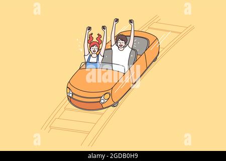 Amusement park and leisure activities concept. Happy children riding on attractions in kids amusement park with hands raised up vector illustration  Stock Vector