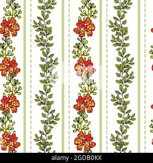 Columns of red flowers and buds that alternate with leaf columns and vertical lines on transparent background Stock Vector