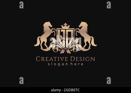 TO Retro golden crest with shield and two horses, badge template with scrolls and royal crown - perfect for luxurious branding projects Stock Vector