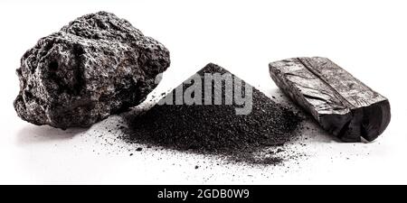 charcoal, coal dust and mineral coal on isolated white background. Stock Photo