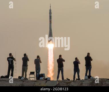 A Soyuz rocket lifts off from Baikonur Cosmodrome inKazaksstan Stock Photo