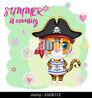 Cartoon tiger pirate in a striped T-shirt, cocked hat, with an eye patch. Hawaii, Vacation, Sea. Summer is coming. Children's style, sweetheart. Symbo Stock Vector