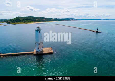 Frankfort North Breakwater Lighthouse Michigan named Riviere Aux Bec Scies on Lake Michigan Stock Photo