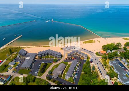 Frankfort North Breakwater Lighthouse Michigan named Riviere Aux Bec Scies on Lake Michigan Stock Photo