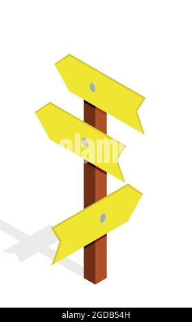 Road sign, pointer, landmark. Bright yello. Isometric Stock Vector