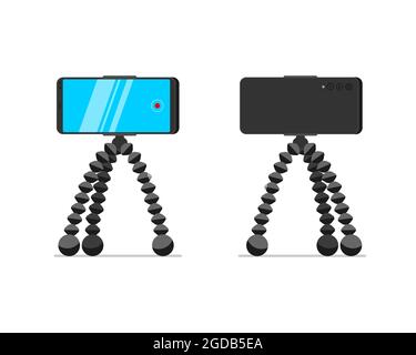 Smartphone on tripod stand front and back view set. Mobile phone on rack. Video blogger equipment stationary holder. Professional stable vlogger device. Vector isolated illustration Stock Vector