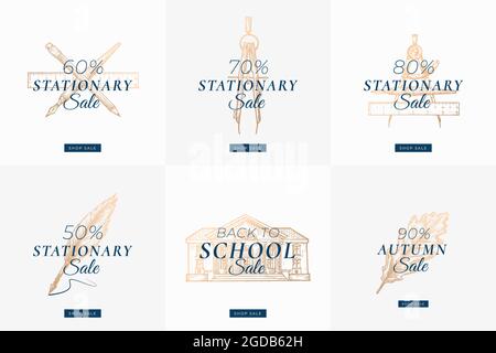 Stationary Autumn Sale Set. Abstract Vector Labels, Signs or Card Templates Collection. Hand Drawn School Building, Pen, Pencil, Compas and Ruler Stock Vector