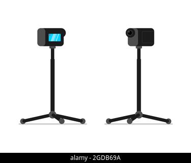 Action camera on monopod stand front and back view set. Mobile HD 4K camcorder on rack. Video blogger equipment stationary holder. Professional stable vlogger device. Vector isolated illustration Stock Vector