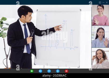 Online people lecture video call, Business meeting work from home distant communication over internet conference system screen concept. Stock Photo