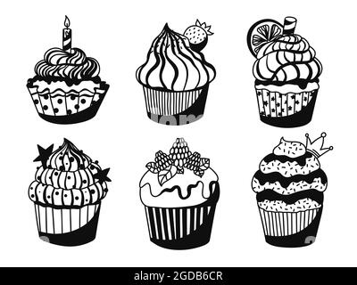 Black and white muffins set with different decoration: cream,  topping, berries, citrus, candle. Collection of cute hand drawn desserts. Vector Stock Vector