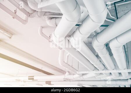 Drain pipe watering system, Water tube construction engineering clean new in modern building. Stock Photo