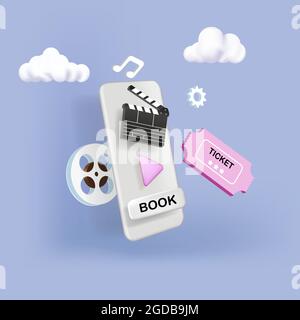 Concepts of online cinema ticket order. Mobile smartphone with online buy app. Stock Vector