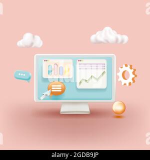 Financial charts and graphs on the computer monitor. Workplace broker. Stock Vector