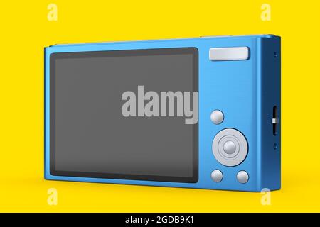 Stylish blue compact pocket digital camera isolated on yellow background. 3D rendered concept of vacation travel destination Stock Photo