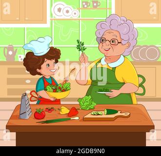 Grandmother and granddaughter prepare salad together in the kitchen. Vector , illustration in cartoon style, flat, comic Stock Vector