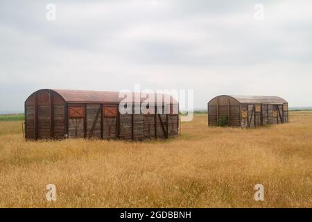 Two old, abondoned freight train wagons in field Stock Photo