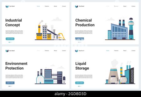 Chemical industry technology for environment protection vector illustration. Cartoon modern landing page set for chemical production webpage with chemistry industrial factory, product storage tank Stock Vector