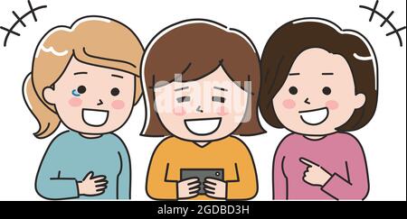 Three women laughing at the mobile phone display. Vector illustration isolated on white background. Stock Vector