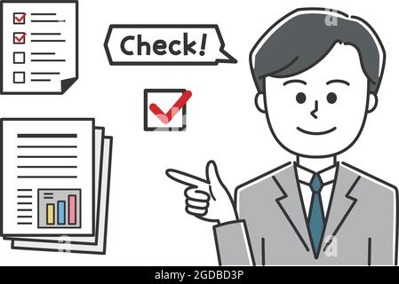 A businessman checking business documents. Vector illustration isolated on white background. Stock Vector