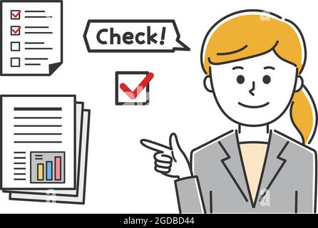 The young lady checked business documents. Vector illustration isolated on white background. Stock Vector