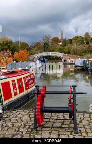braunston marina on the grand union canal in northamptonshire, autumn at braunston, canals and rivers trust marina, narrowboats in the marina. Stock Photo