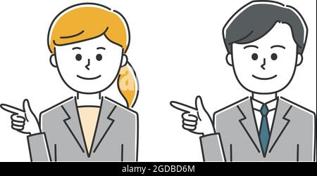 Young man and woman wearing a suit directing someone to somewhere. Vector illustration isolated on white background. Stock Vector