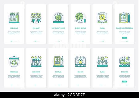 Eco energy, environmental protection technology vector illustration. UX, UI onboarding mobile app page screen set with line global program to protect world wild nature, garbage trash recycling Stock Vector