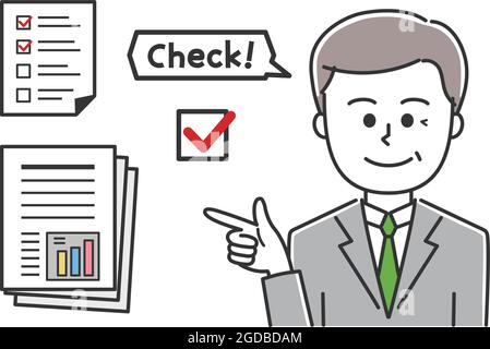 The elderly man checking business documents. Vector illustration isolated on white background. Stock Vector