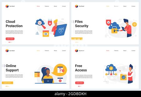 Cloud storage protection, internet network vector illustration. Cartoon modern concept landing page set for online support, folder with document data file privacy, safe server database, free access Stock Vector