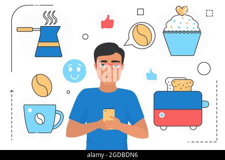 People cook food online vector illustration. Cartoon man user character in glasses holding smartphone, using recipe mobile app to cook coffee and cupcake for breakfast or lunch isolated on white Stock Vector