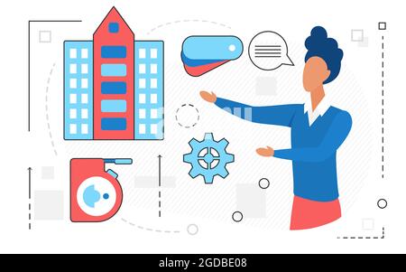 House construction, home repair service, man character and tools isolated on white Stock Vector