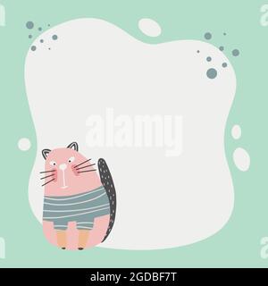 Cute cat with a blot frame in simple cartoon hand-drawn style. Template for your text or photo. Ideal for cards, invitations, party, kindergarten, pre Stock Vector