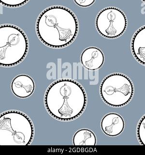 Seamless pattern of vintage kerosene lamps and lanterns in openwork lace circular design on colored background. Kitchen ornate Stock Vector