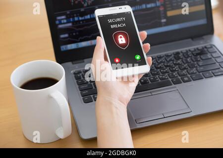 Security breach, smartphone screen, infected by internet virus Stock Photo