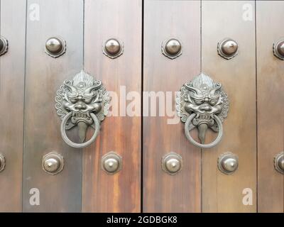 Ancient lion knocker on wooden door Stock Photo