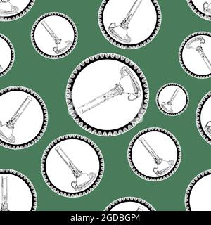 Seamless pattern of vintage kerosene lamps and lanterns in openwork lace circular design on colored background. Kitchen ornate Stock Vector